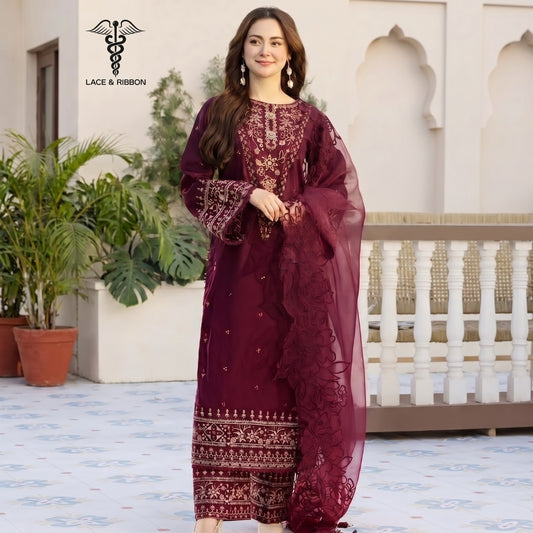 EMBROIDERED DHANAK WITH ORGANZA DUPATTA UNSTITCHED WINTER 3PC