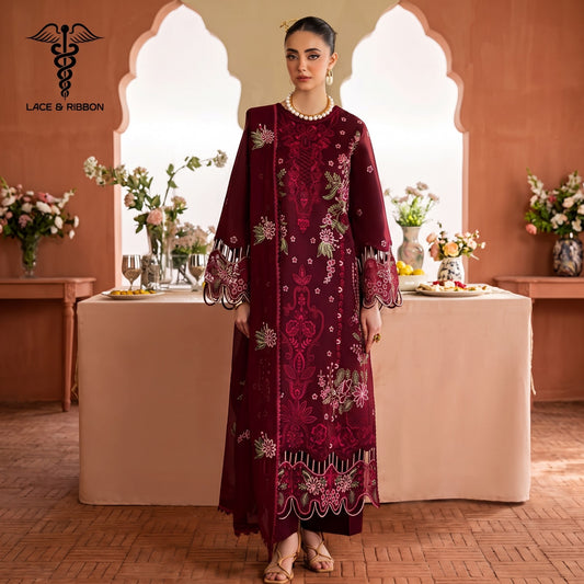 EMBROIDERED DHANAK WITH NET EMBROIDERED DUPATTA UNSTITCHED WINTER 3PC